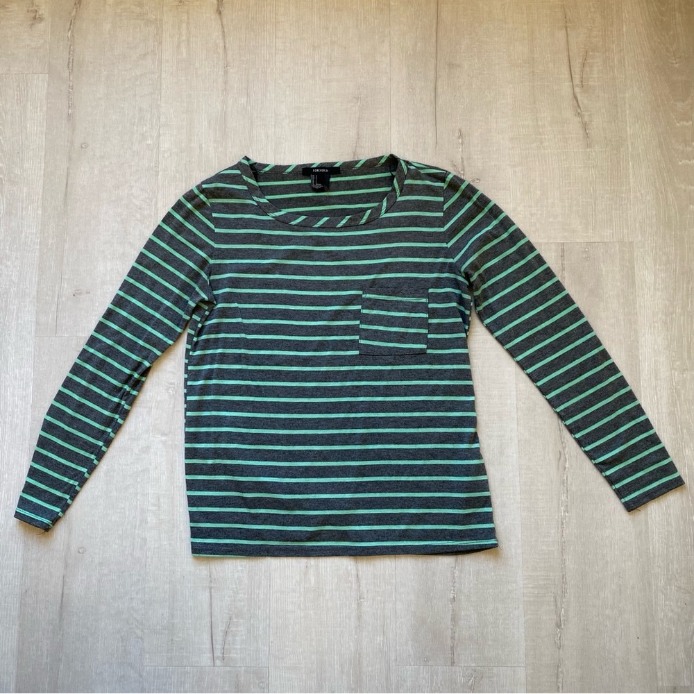 Forever 21, Mint/Gray, Striped Long Sleeve Pocketed Tee, Size XS